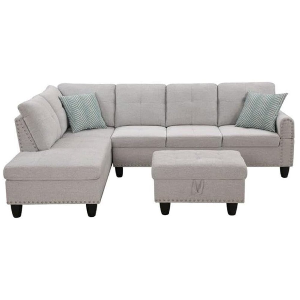 Light Gray Sectional Couch for Living Room With Ottoman, Pillows, Cup Holder. Picture 6