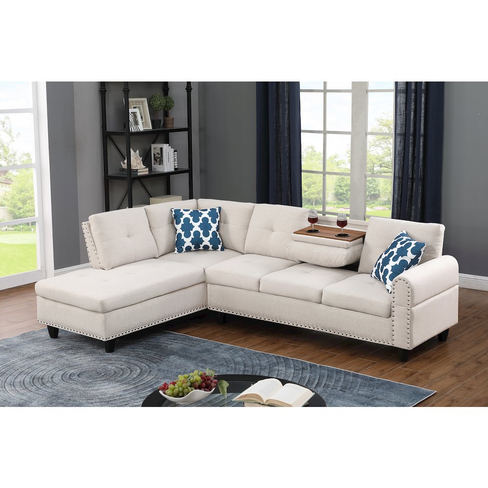 Devion Furniture Polyester Fabric Sectional Sofa with Ottoman-Beige. Picture 4