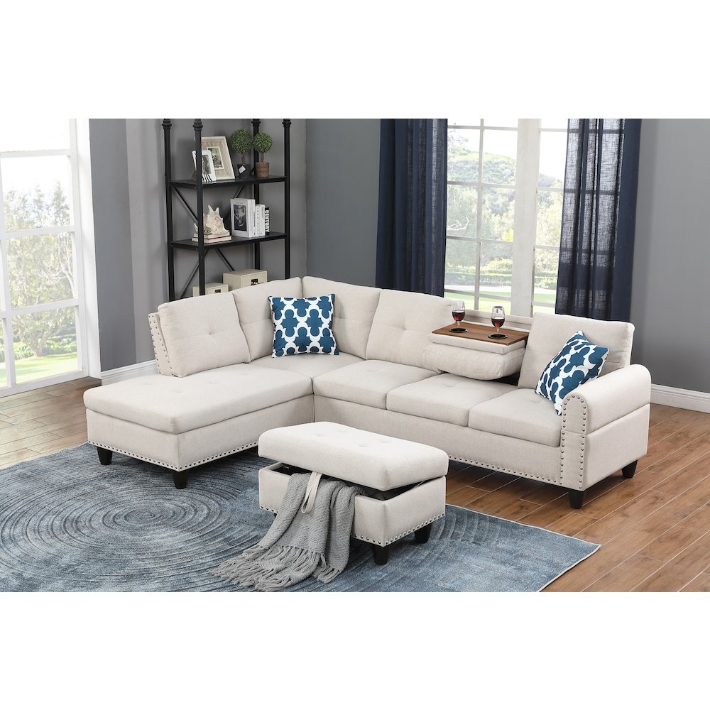 Devion Furniture Polyester Fabric Sectional Sofa with Ottoman-Beige. Picture 8