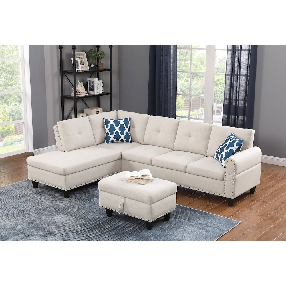 Devion Furniture Polyester Fabric Sectional Sofa with Ottoman-Beige. Picture 10