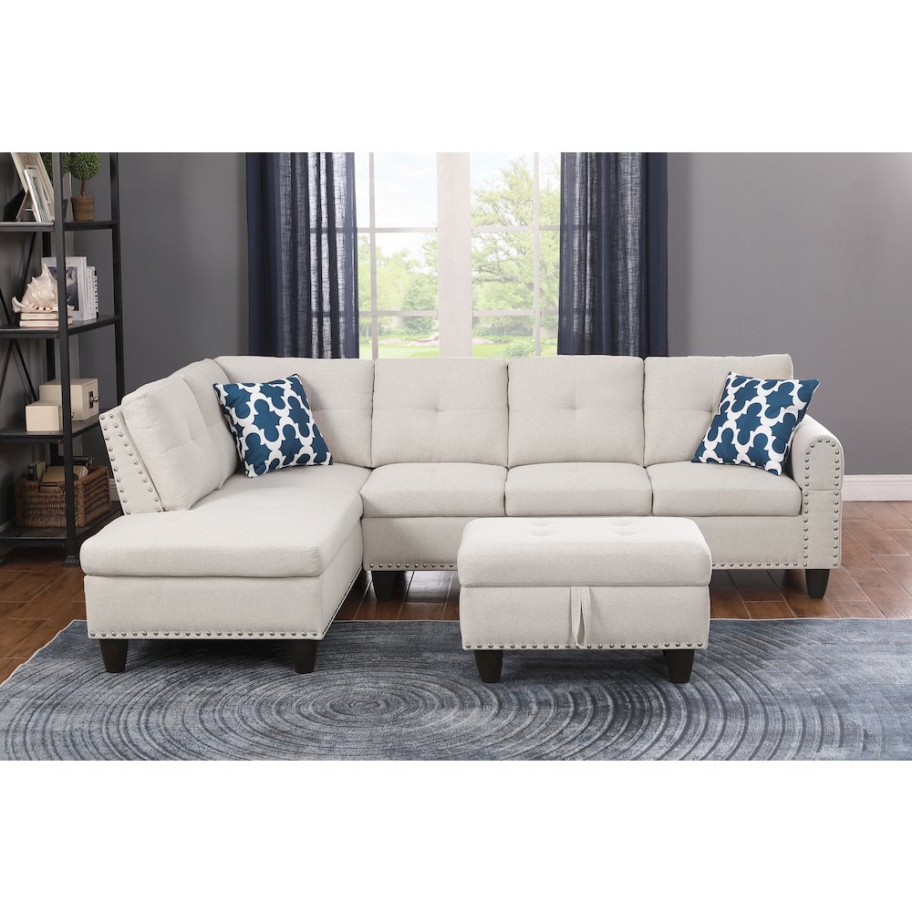 Devion Furniture Polyester Fabric Sectional Sofa with Ottoman-Beige. Picture 12
