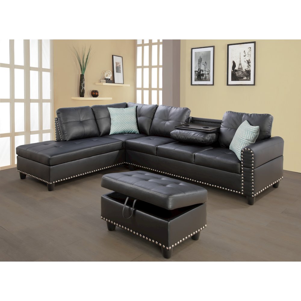 Devion Furniture Faux Leather Sectional Sofa with Ottoman-Black. Picture 2