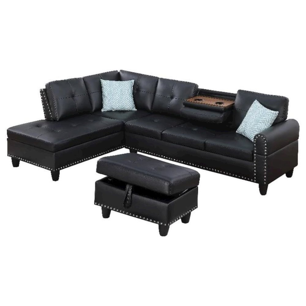 Black Faux Leather L Shaped Couch With Ottoman, Tufted Sectional Sofa. Picture 1