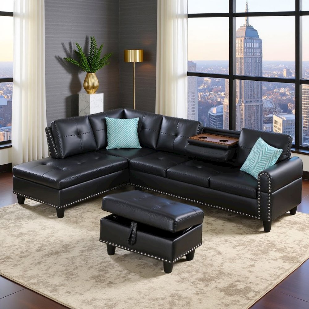 Black Faux Leather L Shaped Couch With Ottoman, Tufted Sectional Sofa. Picture 2