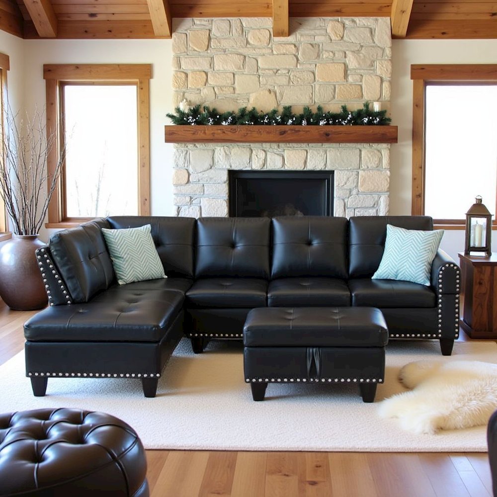 Black Faux Leather L Shaped Couch With Ottoman, Tufted Sectional Sofa. Picture 3