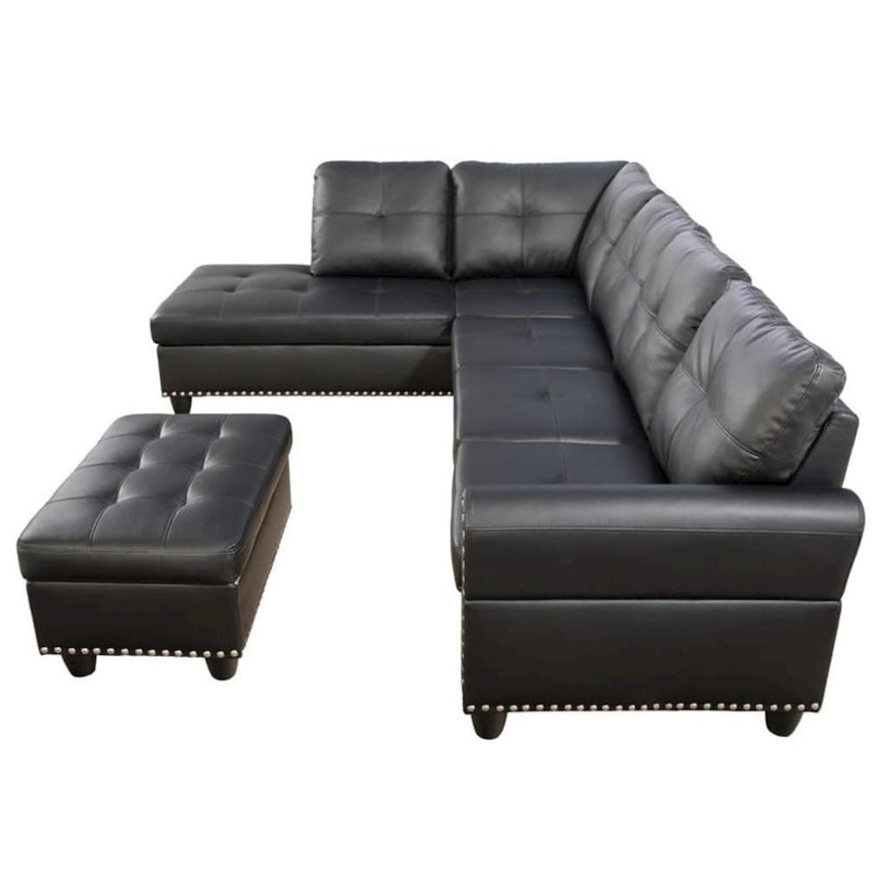 Black Faux Leather L Shaped Couch With Ottoman, Tufted Sectional Sofa. Picture 4