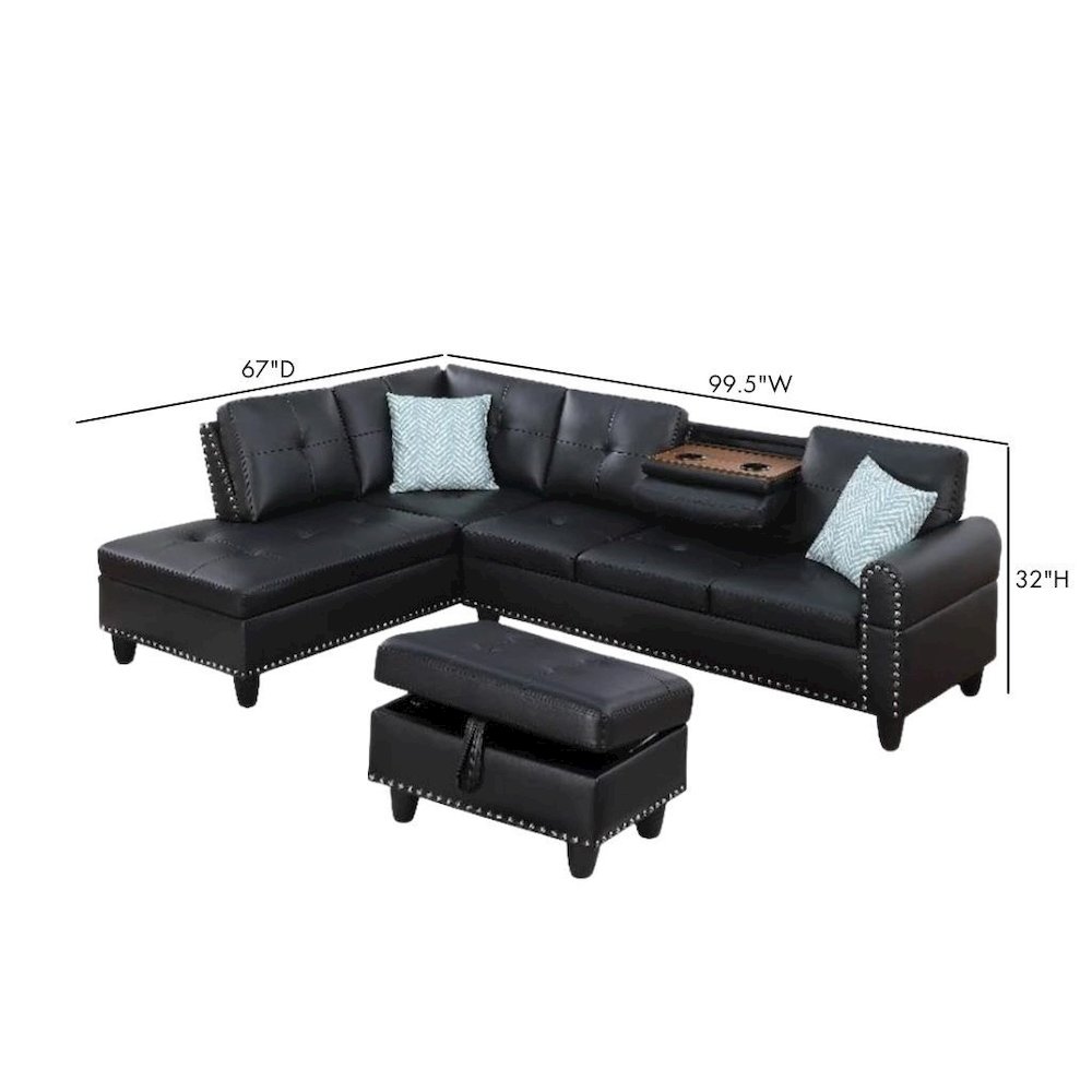 Black Faux Leather L Shaped Couch With Ottoman, Tufted Sectional Sofa. Picture 9