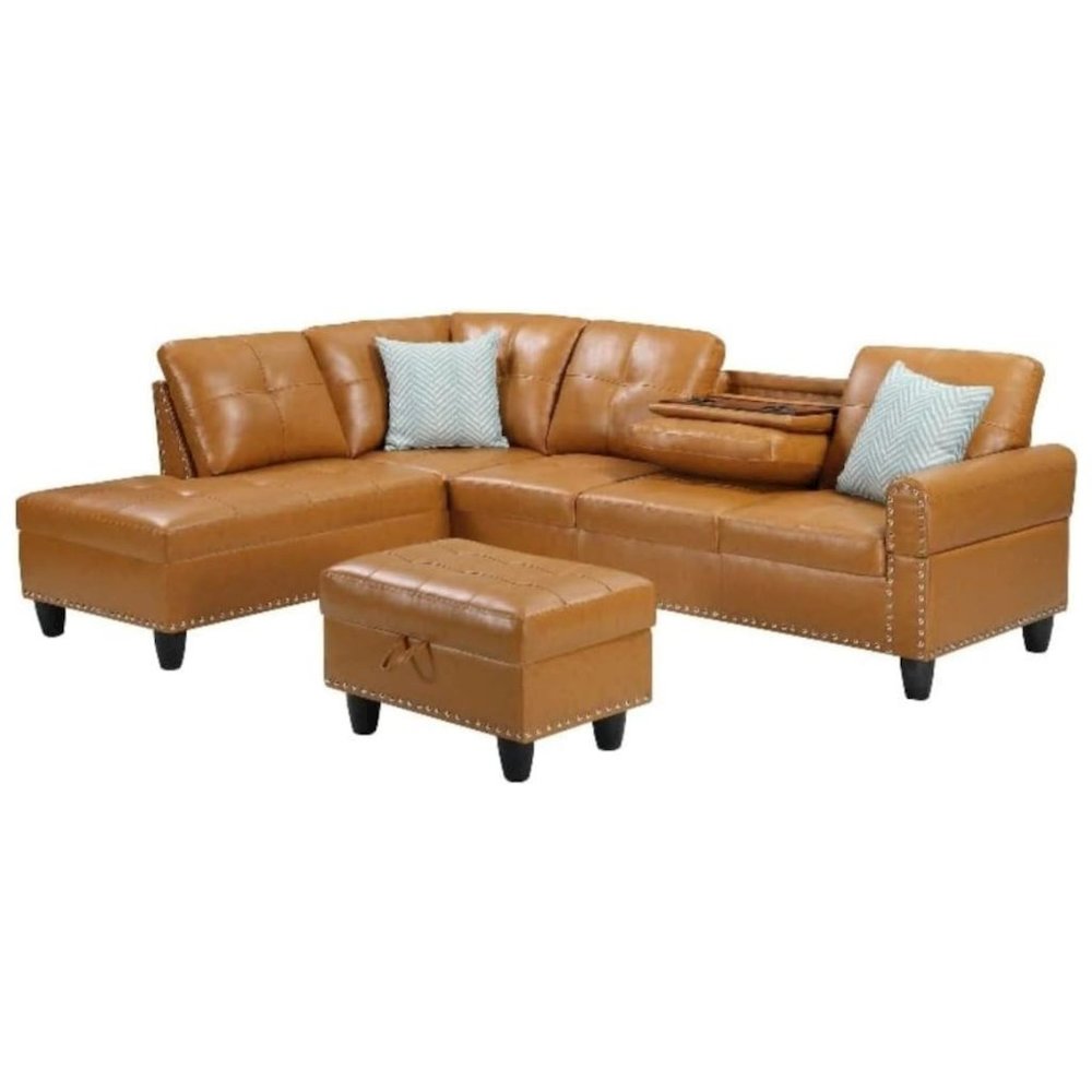 Brown Faux Leather L Shaped Couch With Ottoman, Tufted Sectional Sofa. Picture 1