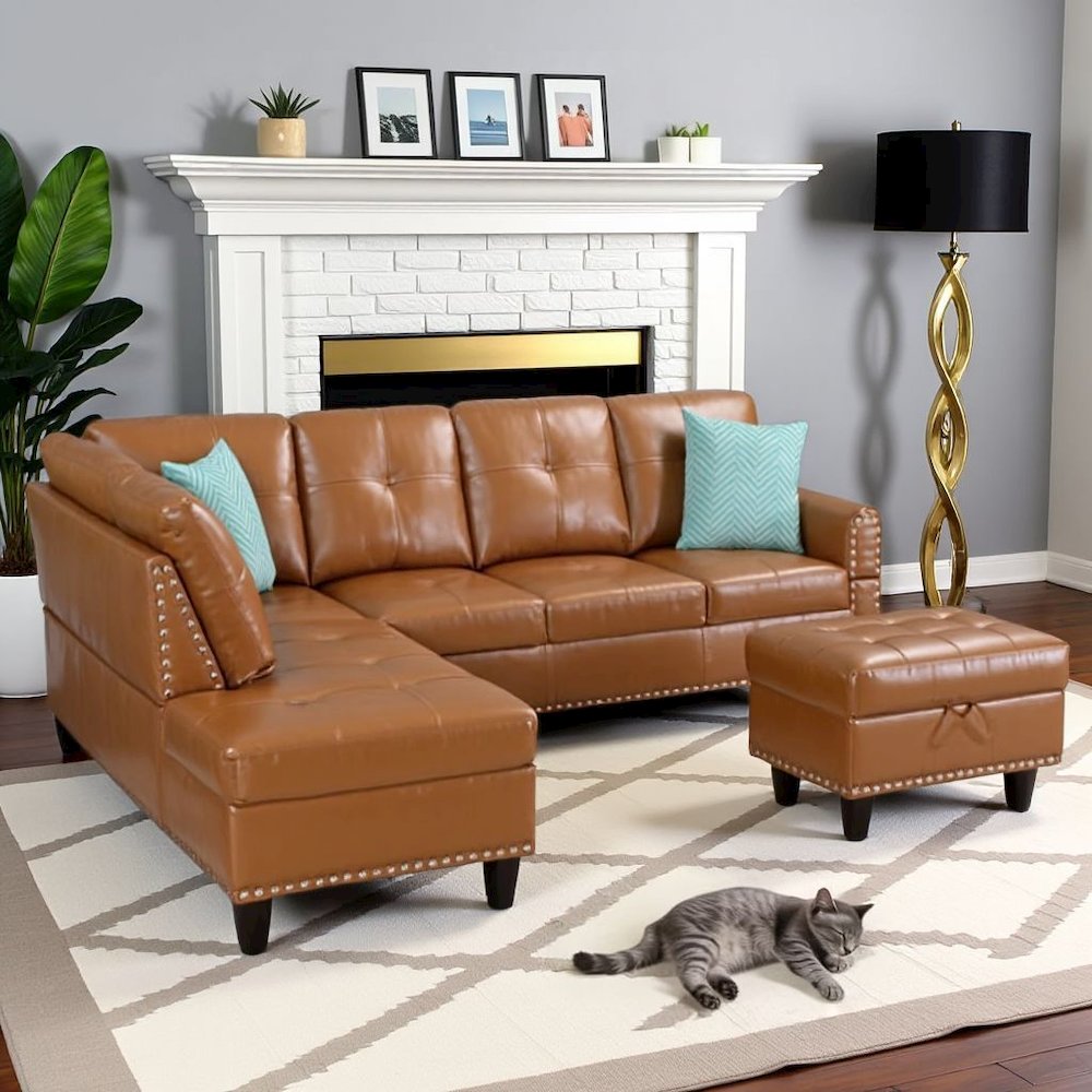 Brown Faux Leather L Shaped Couch With Ottoman, Tufted Sectional Sofa. Picture 2