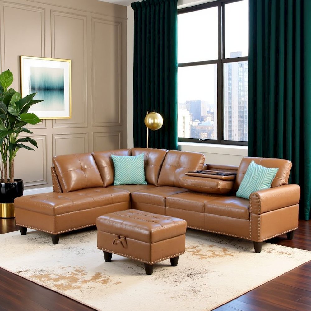 Brown Faux Leather L Shaped Couch With Ottoman, Tufted Sectional Sofa. Picture 3
