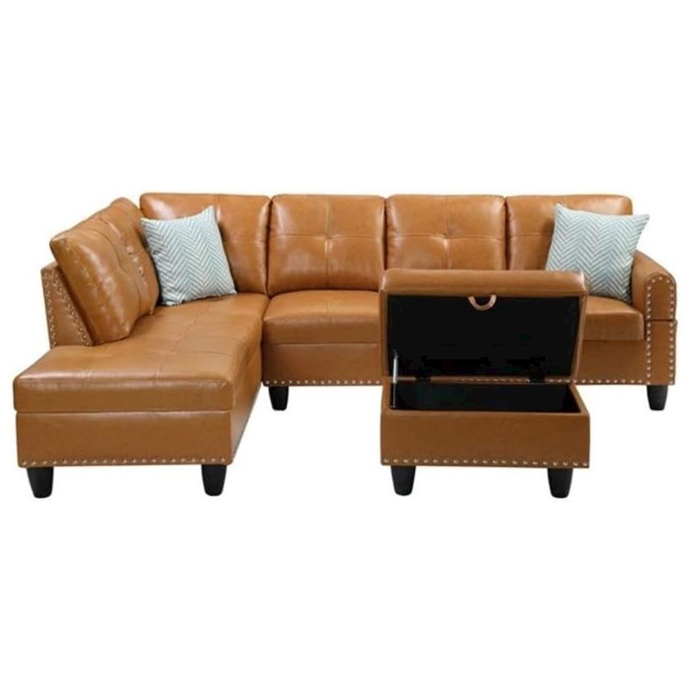 Brown Faux Leather L Shaped Couch With Ottoman, Tufted Sectional Sofa. Picture 4