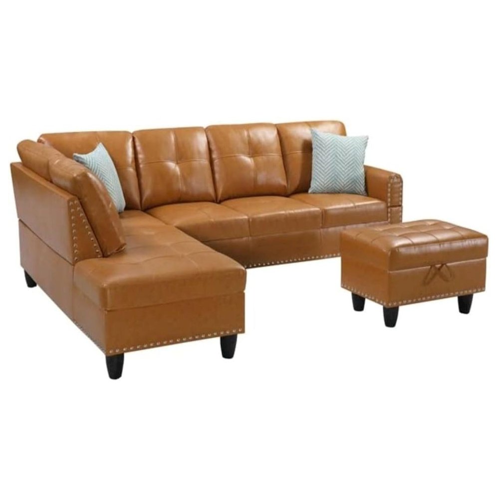 Brown Faux Leather L Shaped Couch With Ottoman, Tufted Sectional Sofa. Picture 5