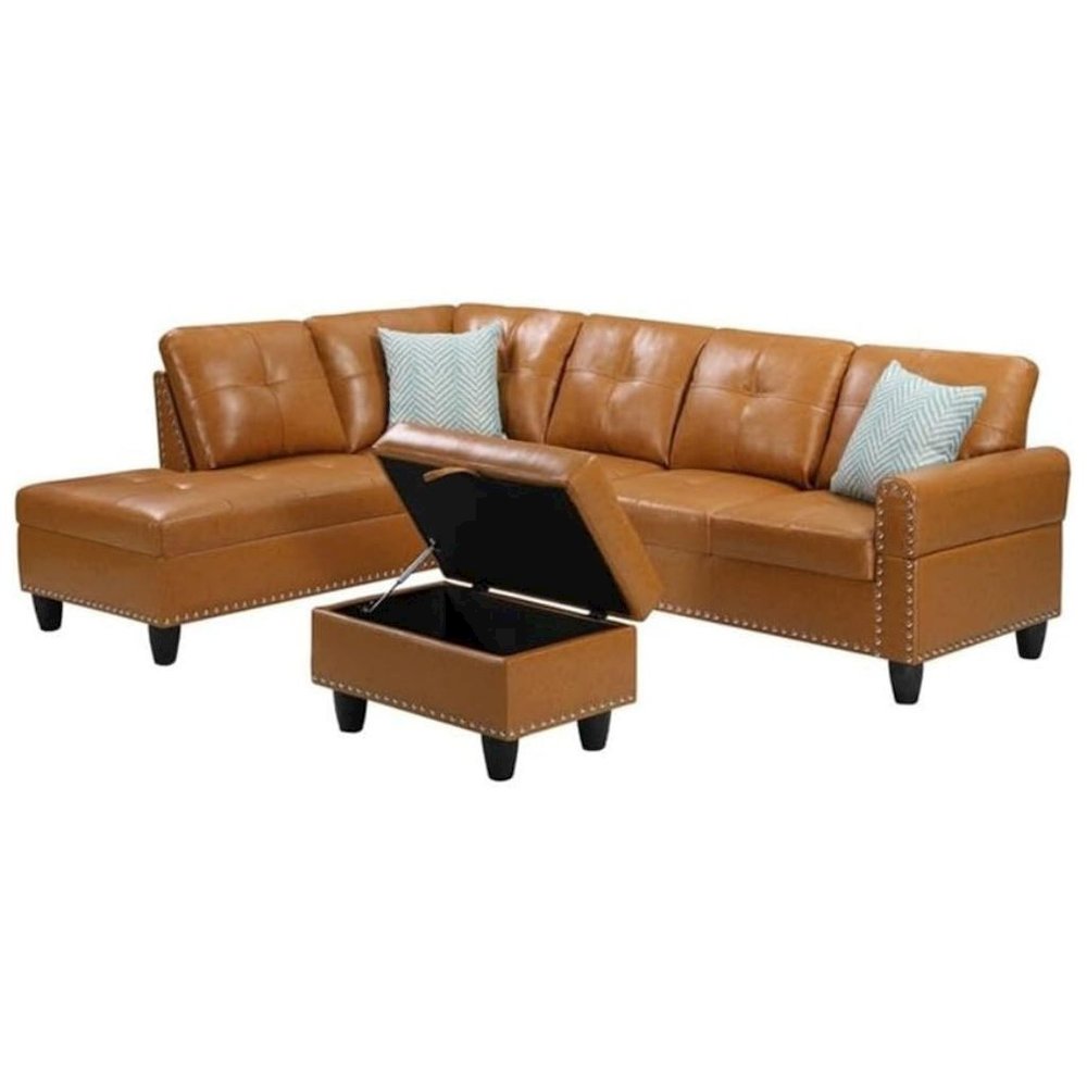 Brown Faux Leather L Shaped Couch With Ottoman, Tufted Sectional Sofa. Picture 6
