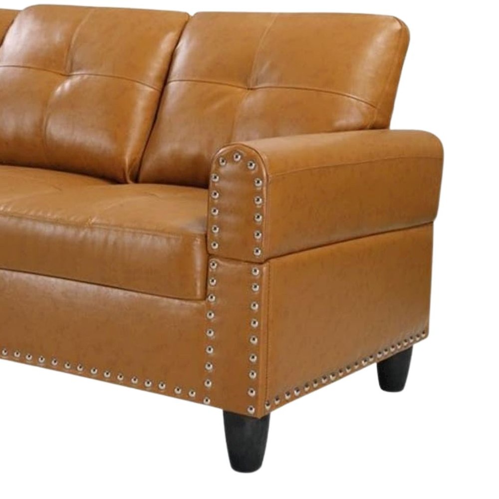 Brown Faux Leather L Shaped Couch With Ottoman, Tufted Sectional Sofa. Picture 8