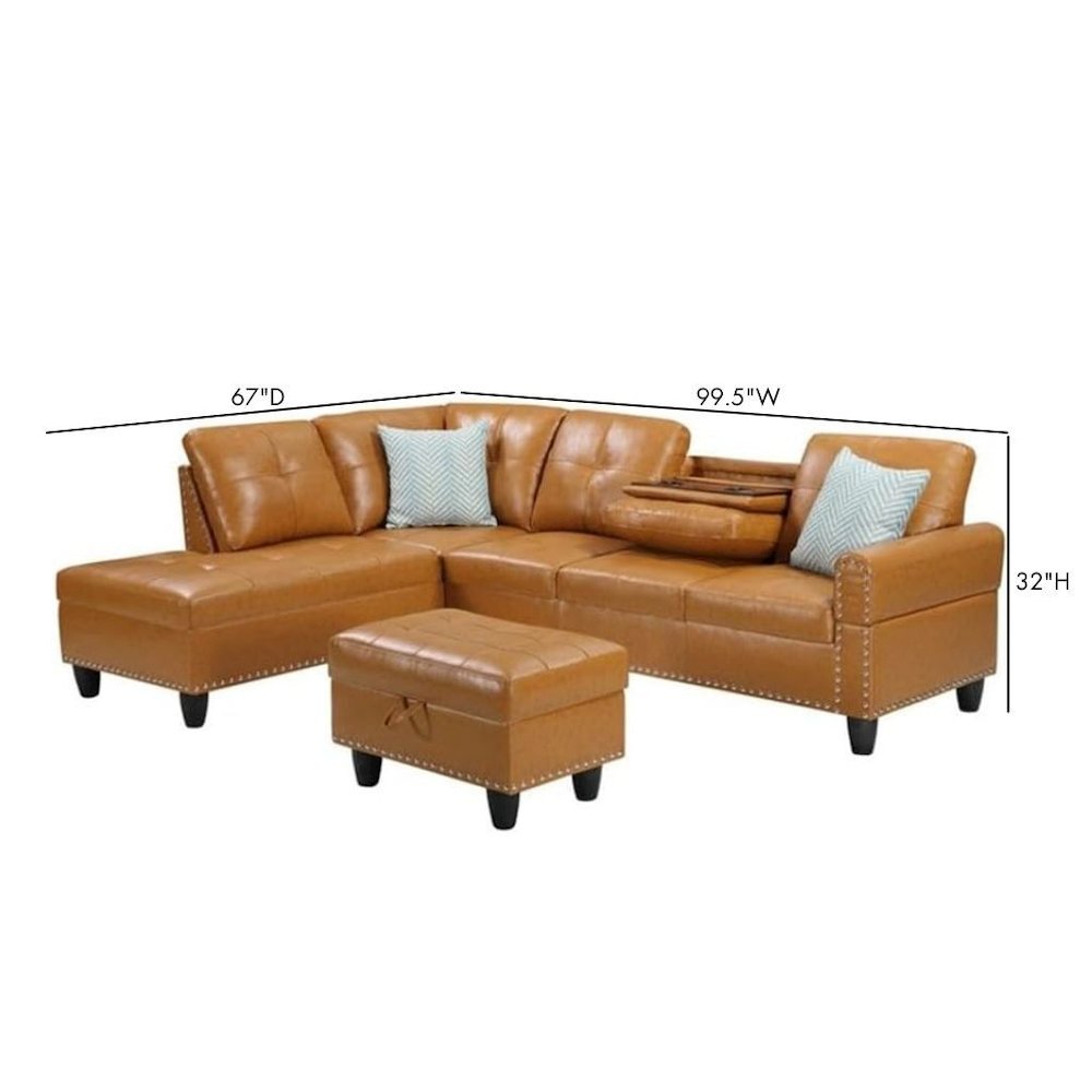 Brown Faux Leather L Shaped Couch With Ottoman, Tufted Sectional Sofa. Picture 9