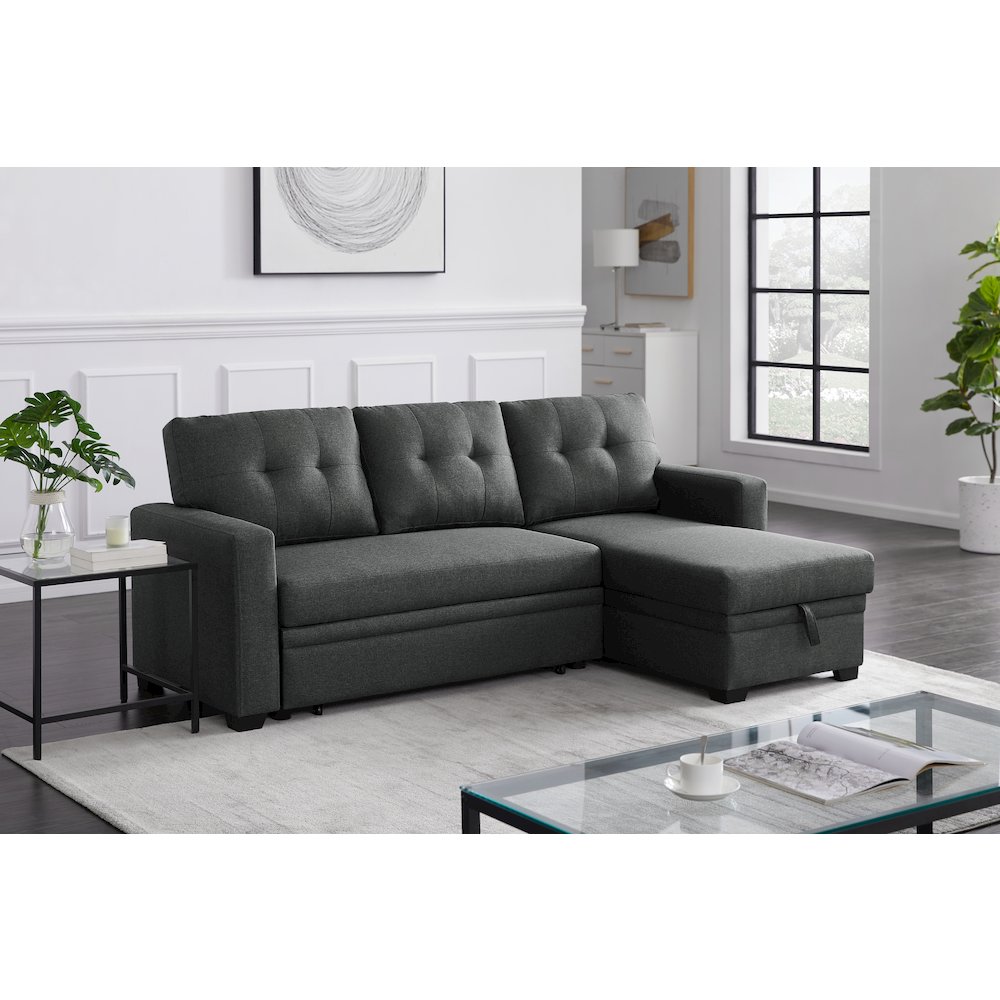 Devion Furniture Polyester Fabric Reversible Sleeper Sectional Sofa-Dark Gray. Picture 2