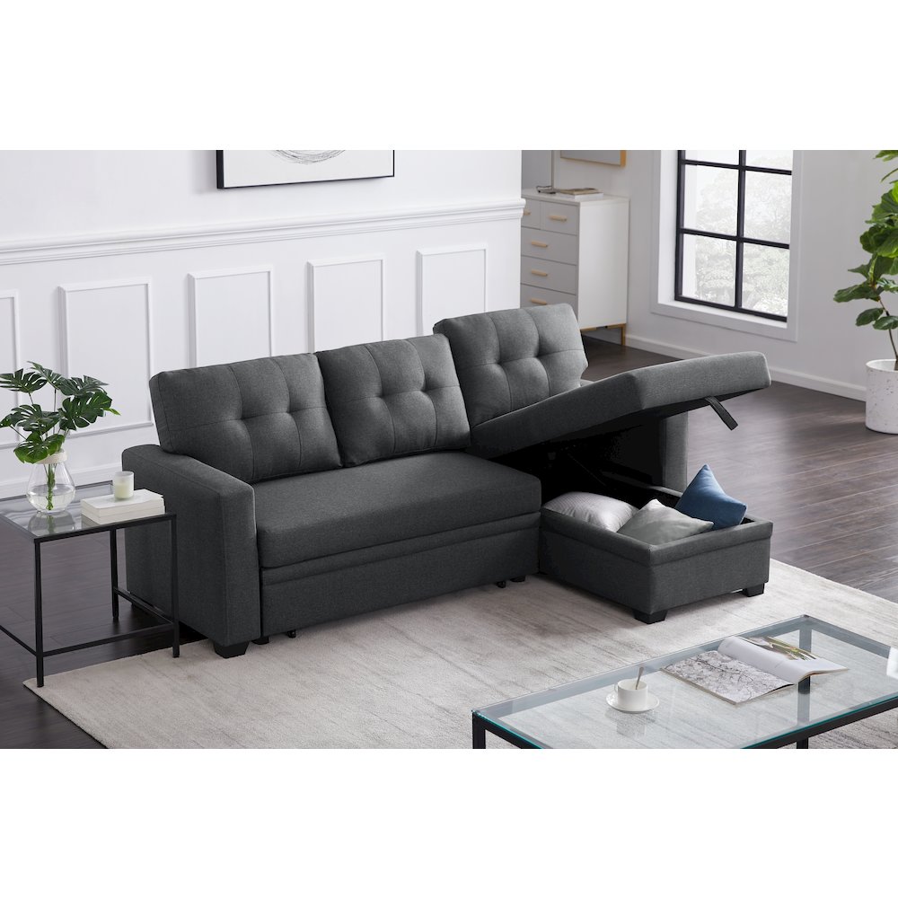 Devion Furniture Polyester Fabric Reversible Sleeper Sectional Sofa-Dark Gray. Picture 3