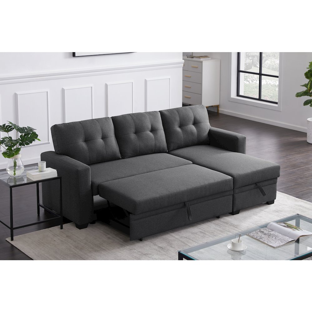 Devion Furniture Polyester Fabric Reversible Sleeper Sectional Sofa-Dark Gray. Picture 4