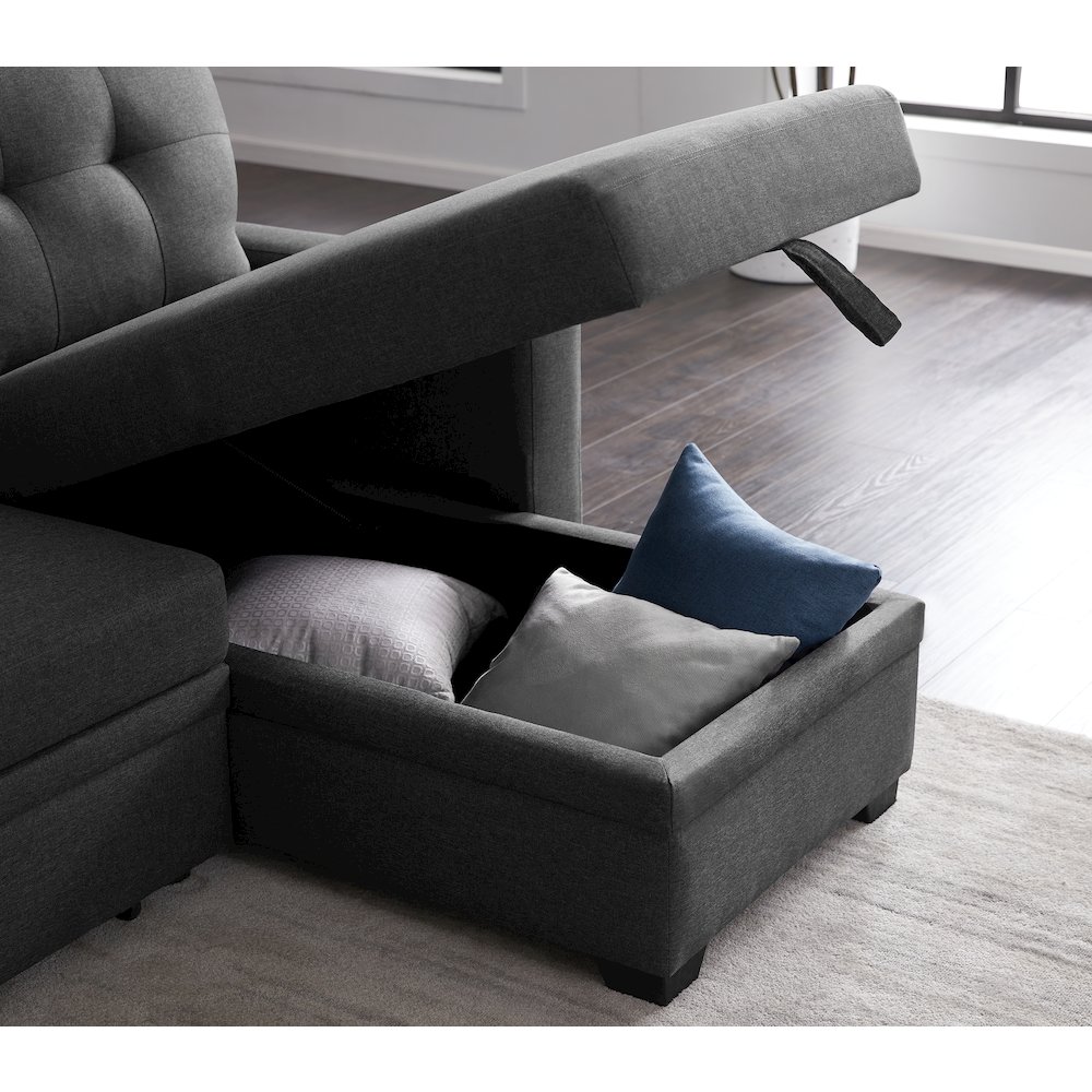Devion Furniture Polyester Fabric Reversible Sleeper Sectional Sofa-Dark Gray. Picture 6