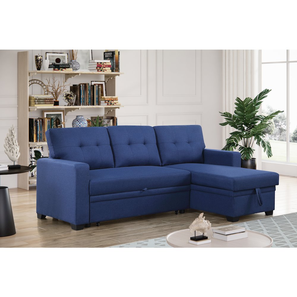 Devion Furniture Polyester Fabric Reversible Sleeper Sectional Sofa-Blue. Picture 5