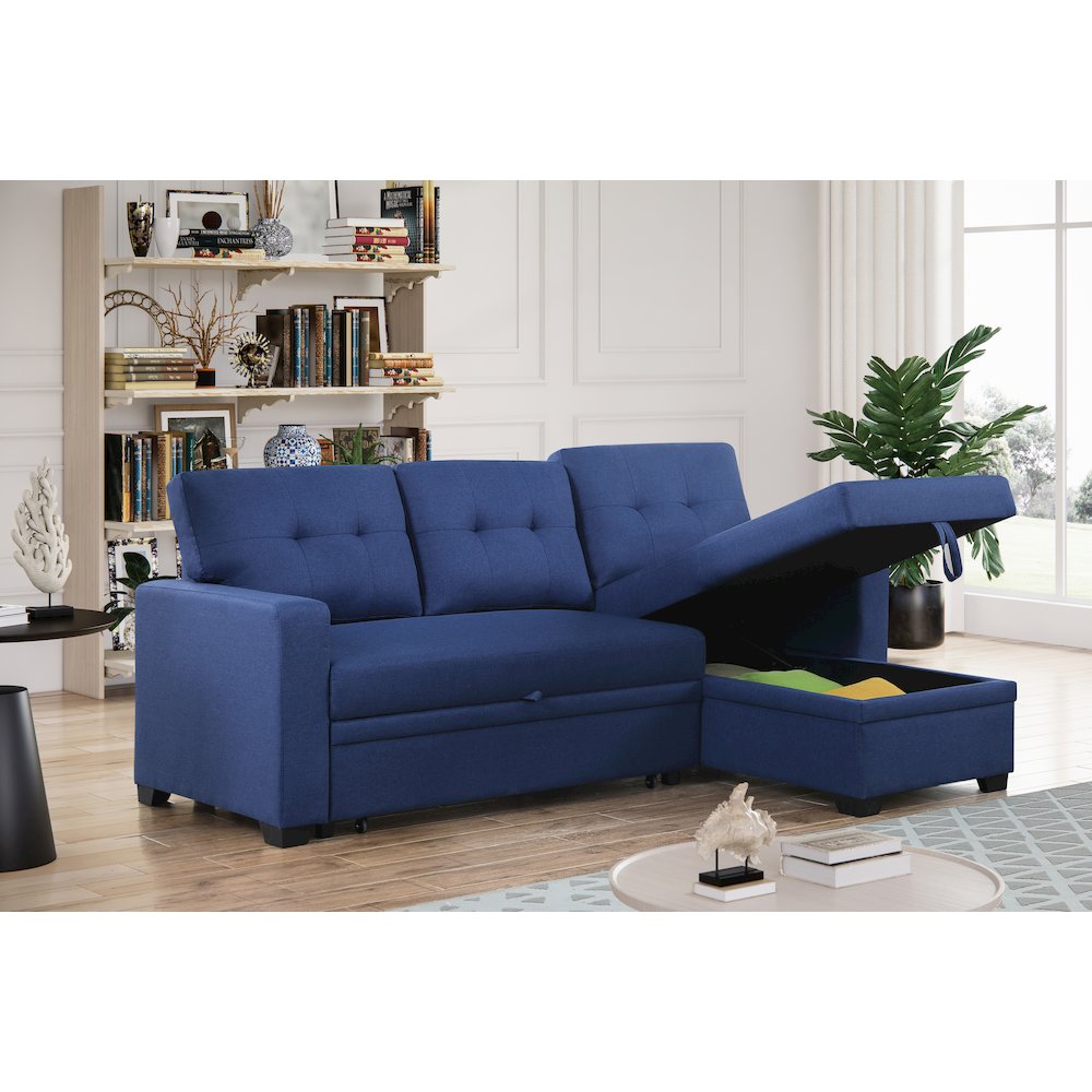 Devion Furniture Polyester Fabric Reversible Sleeper Sectional Sofa-Blue. Picture 8