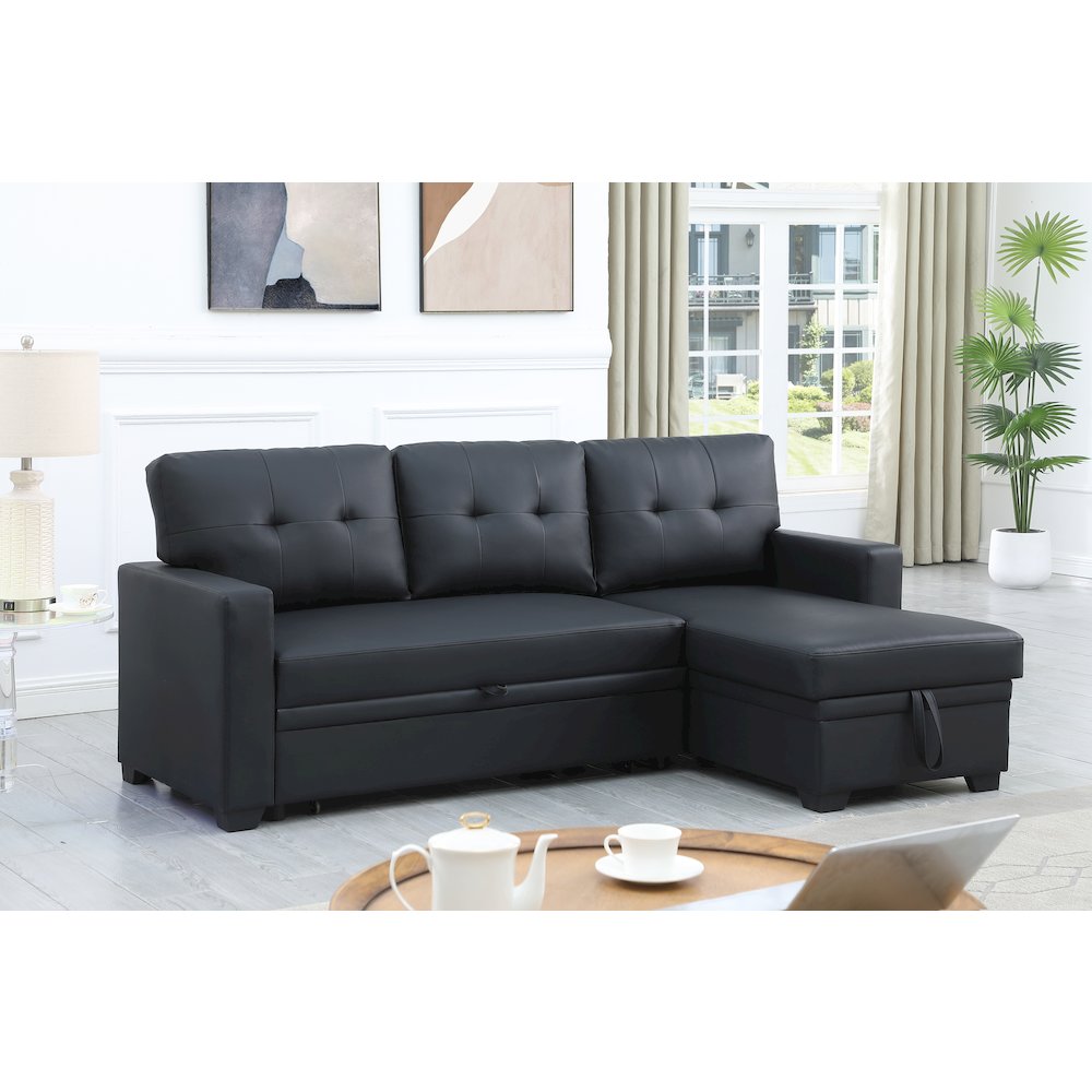 Devion Furniture Faux Leather Reversible Sleeper Sectional Sofa-Black. Picture 2