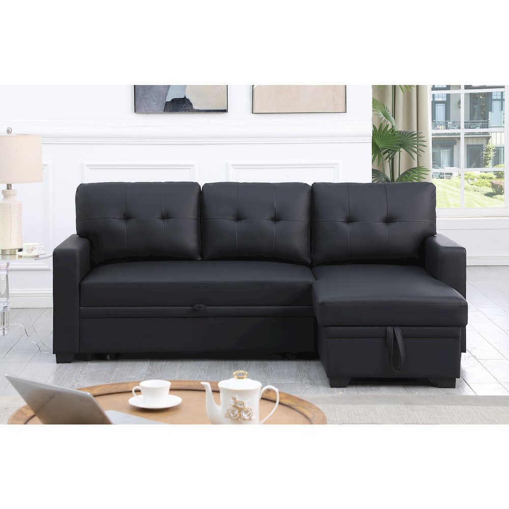 Devion Furniture Faux Leather Reversible Sleeper Sectional Sofa-Black. Picture 3