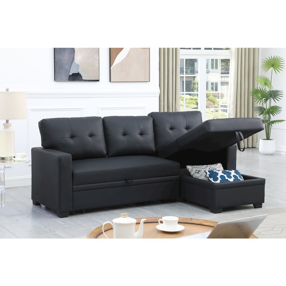 Devion Furniture Faux Leather Reversible Sleeper Sectional Sofa-Black. Picture 4
