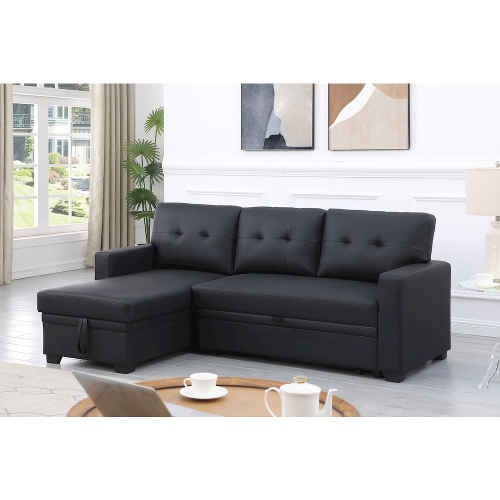 Devion Furniture Faux Leather Reversible Sleeper Sectional Sofa-Black. Picture 6