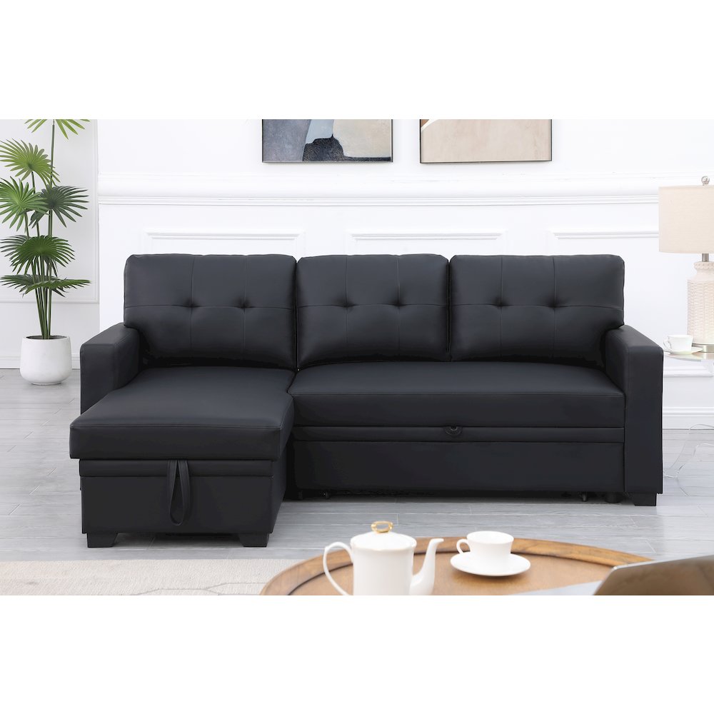 Devion Furniture Faux Leather Reversible Sleeper Sectional Sofa-Black. Picture 7