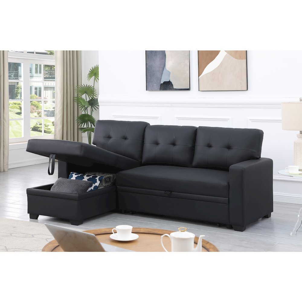 Devion Furniture Faux Leather Reversible Sleeper Sectional Sofa-Black. Picture 8