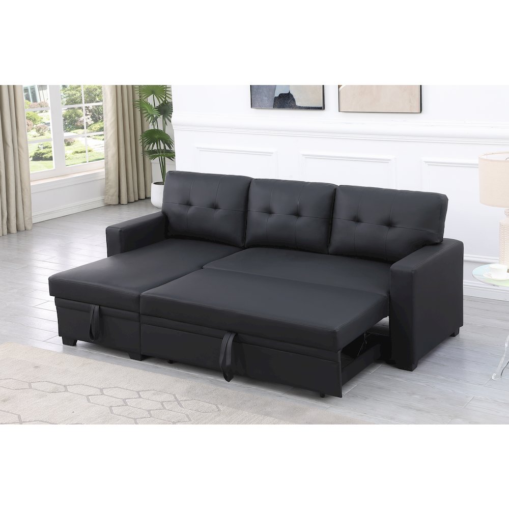 Devion Furniture Faux Leather Reversible Sleeper Sectional Sofa-Black. Picture 9