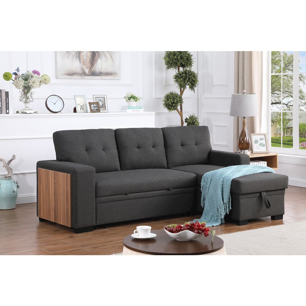 Fabric Reversible Modern Side Compartment Sleeper Sectional Sofa Bed-Dark Gray. Picture 2