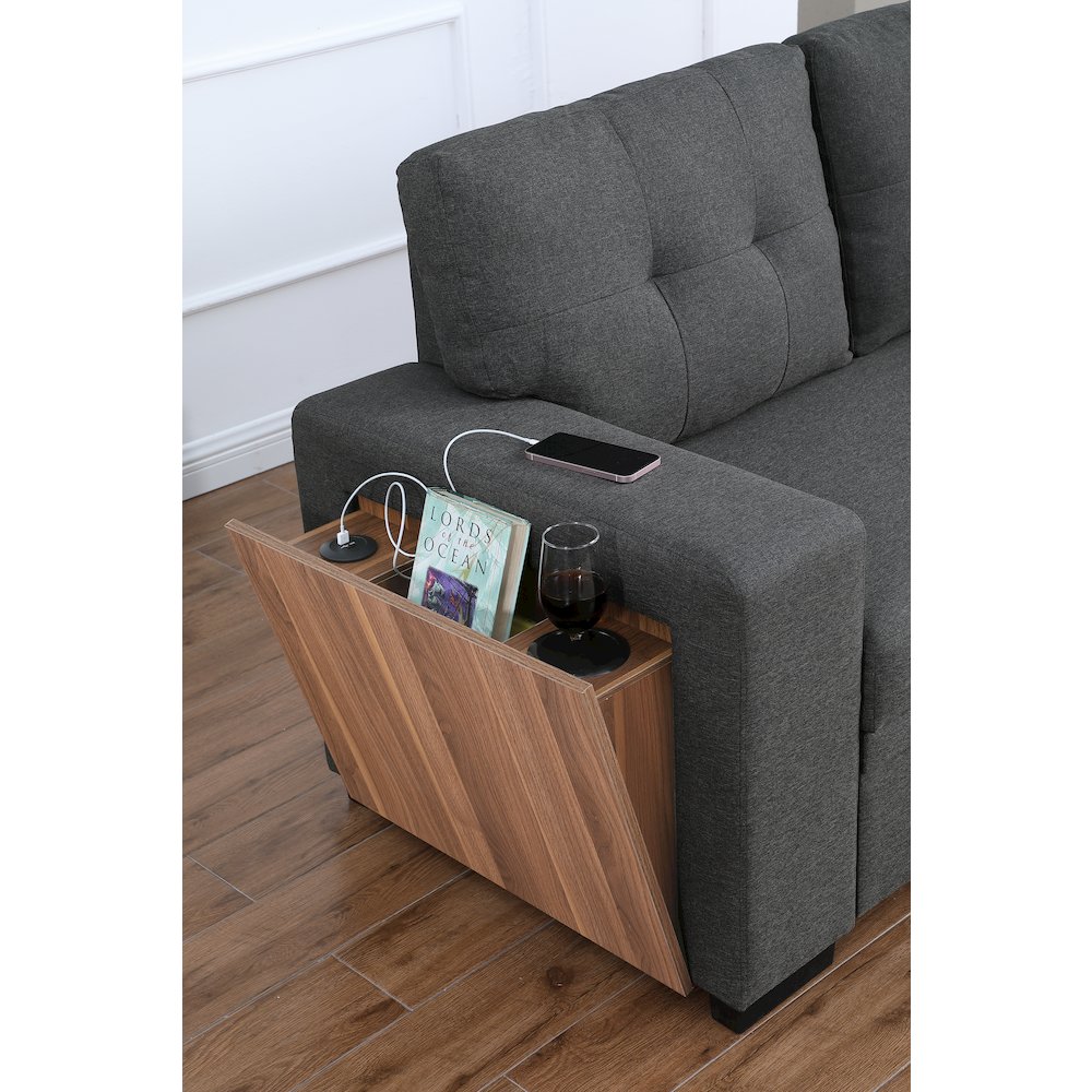 Fabric Reversible Modern Side Compartment Sleeper Sectional Sofa Bed-Dark Gray. Picture 3