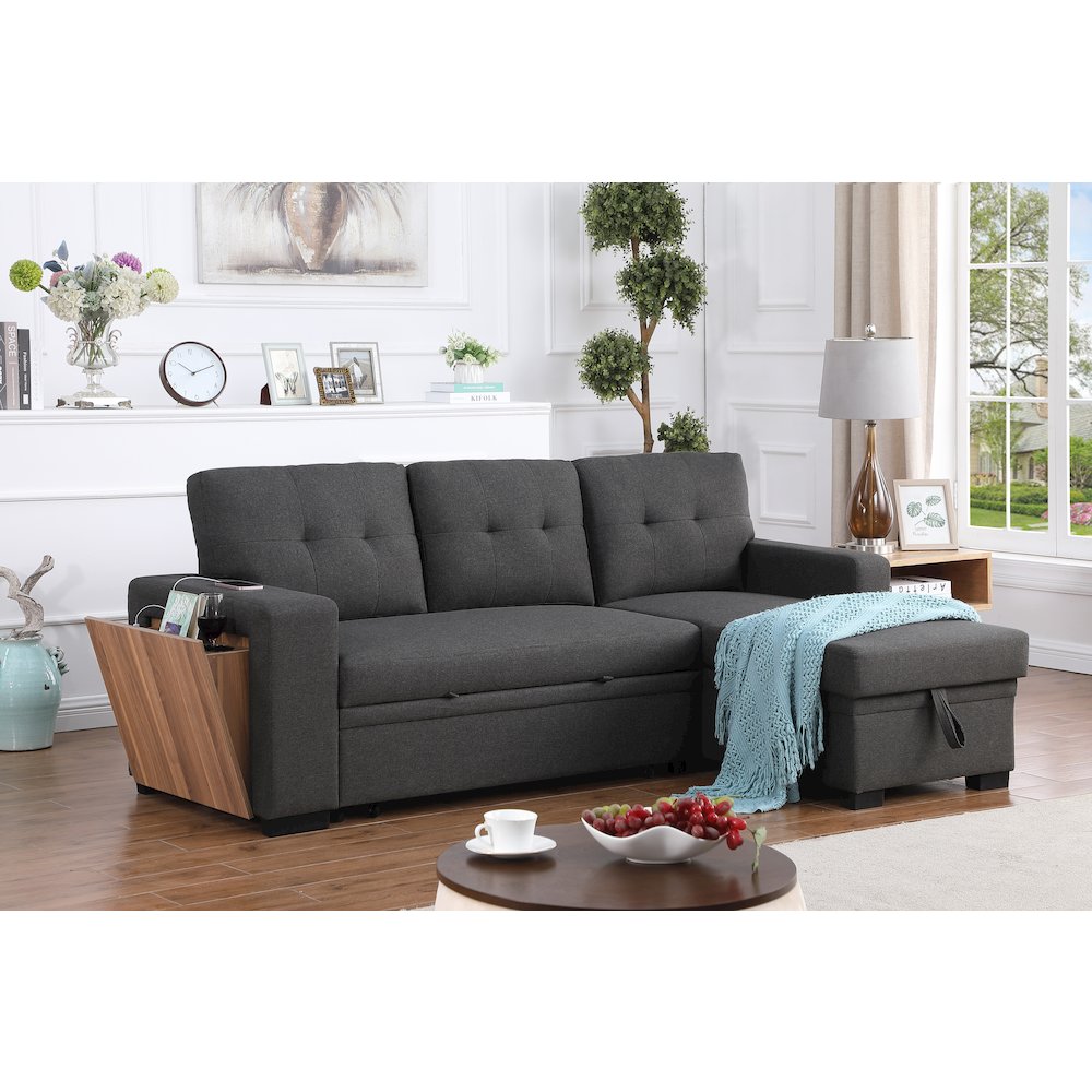 Fabric Reversible Modern Side Compartment Sleeper Sectional Sofa Bed-Dark Gray. Picture 6