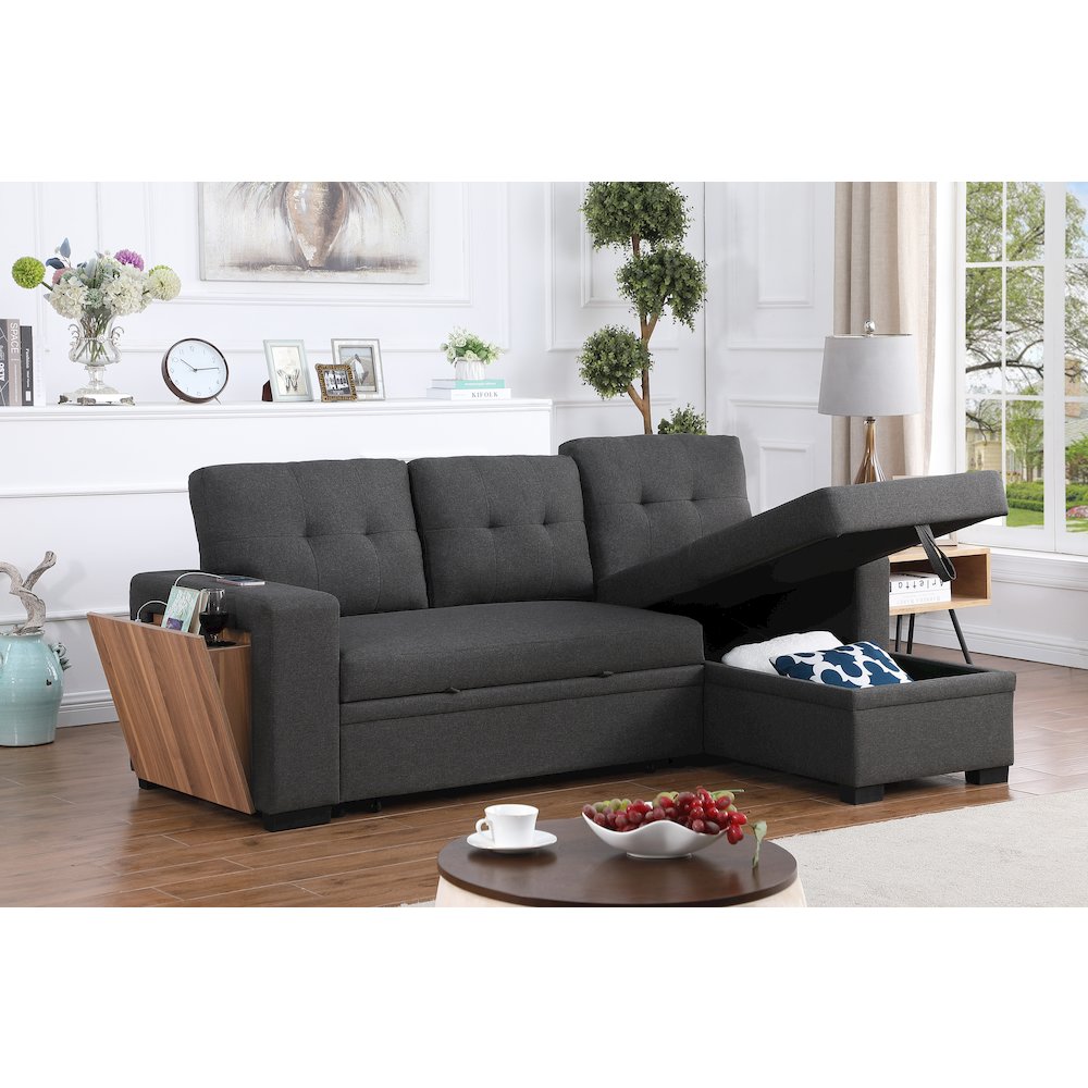 Fabric Reversible Modern Side Compartment Sleeper Sectional Sofa Bed-Dark Gray. Picture 8
