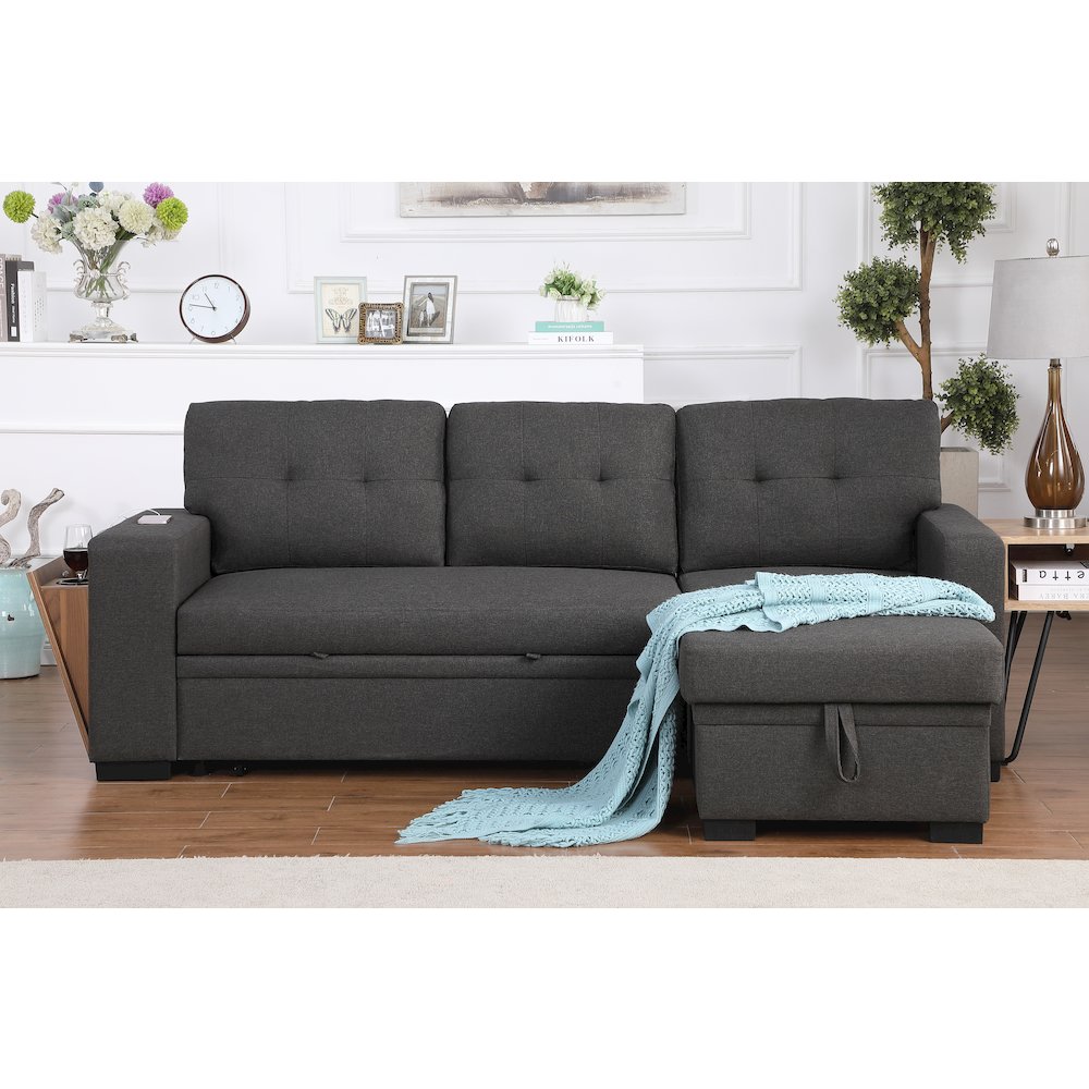 Fabric Reversible Modern Side Compartment Sleeper Sectional Sofa Bed-Dark Gray. Picture 10