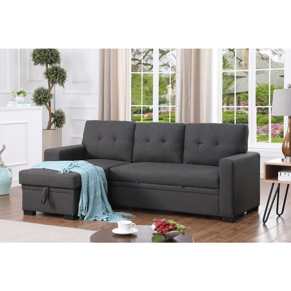 Fabric Reversible Modern Side Compartment Sleeper Sectional Sofa Bed-Dark Gray. Picture 13