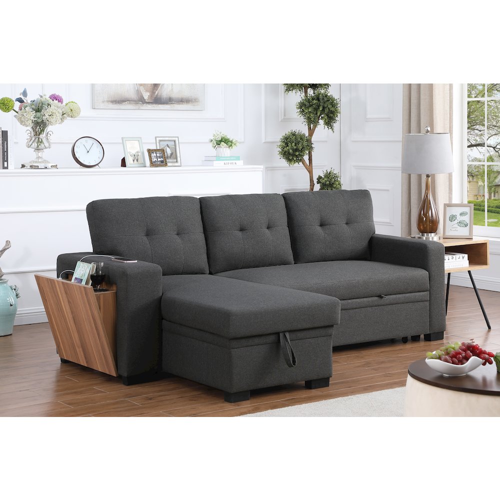 Fabric Reversible Modern Side Compartment Sleeper Sectional Sofa Bed-Dark Gray. Picture 16