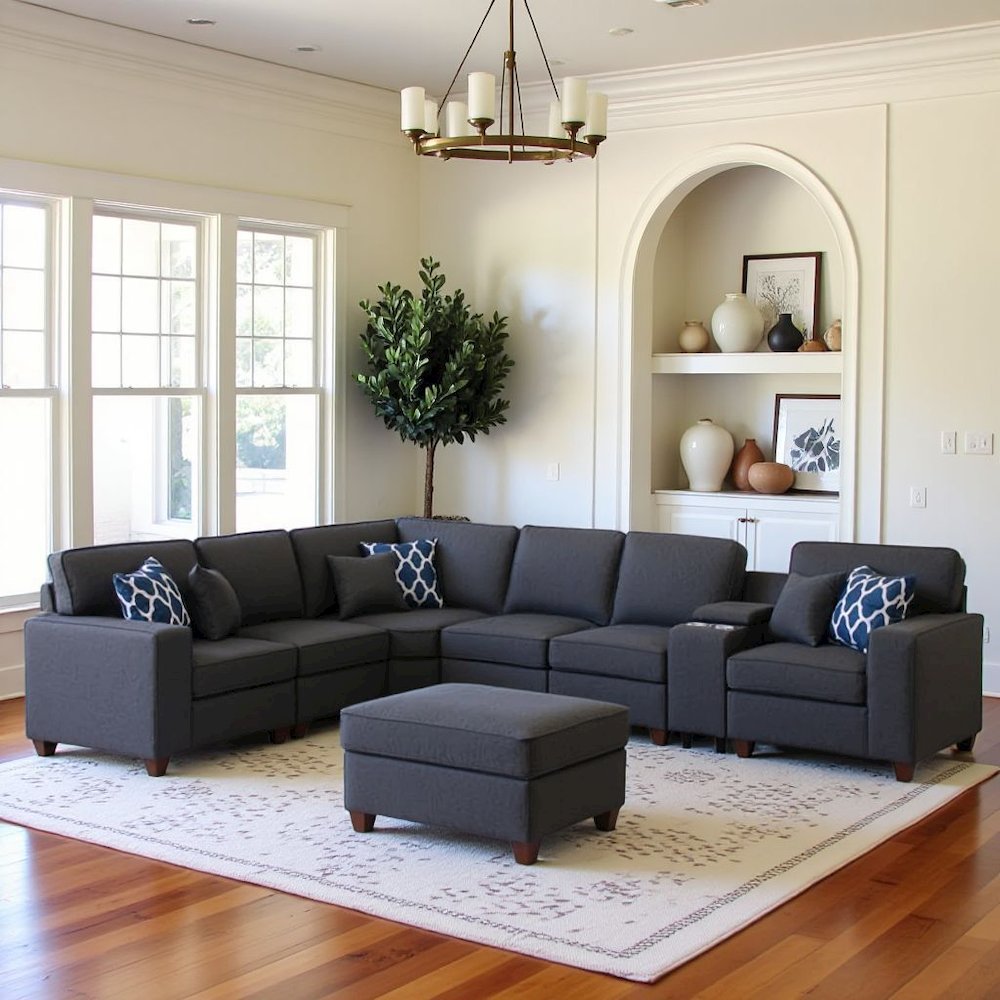 Dark Gray Sectional Couch With Ottoman, 8-Piece L Shaped Sofa. Picture 2