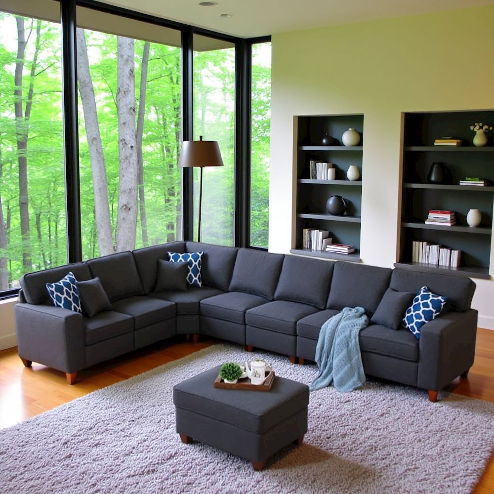 Dark Gray Linen Couch Sectional 8-Piece L Shaped Couch With Ottoman Set. Picture 2