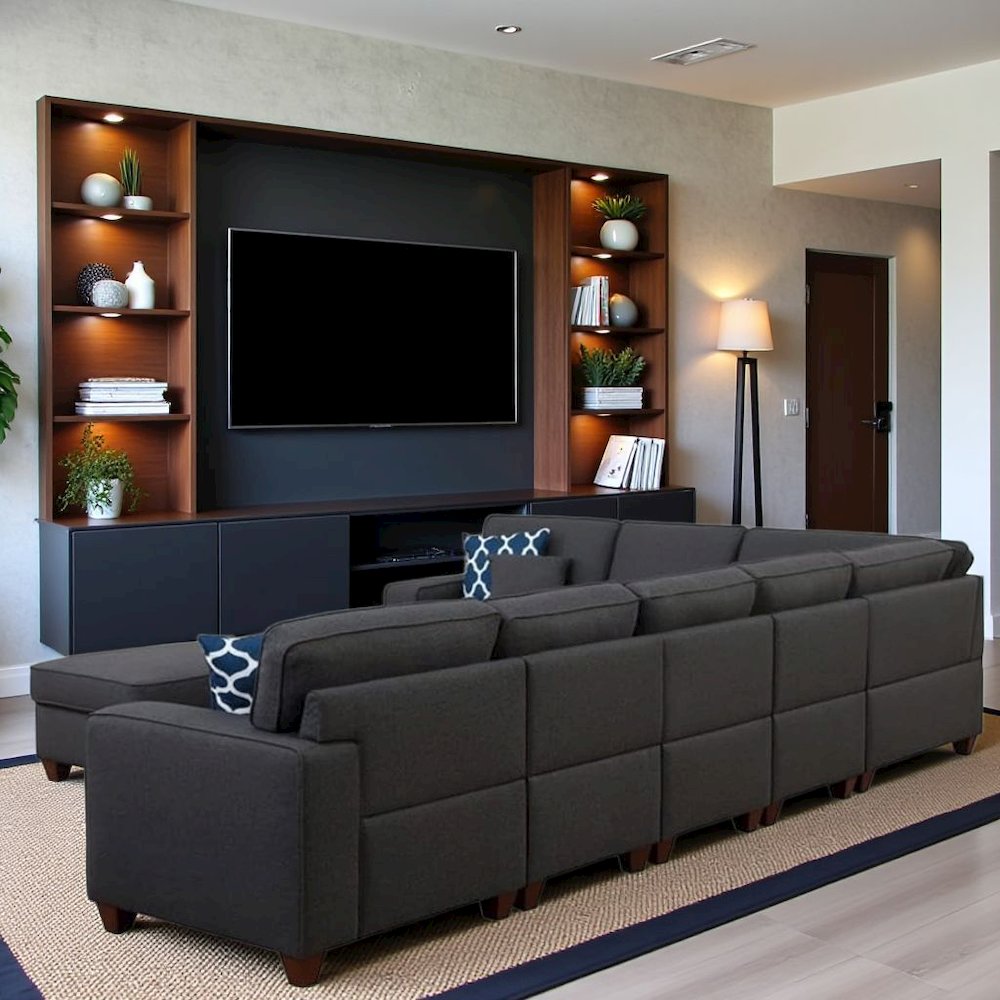 Dark Gray Linen Couch Sectional 8-Piece L Shaped Couch With Ottoman Set. Picture 3