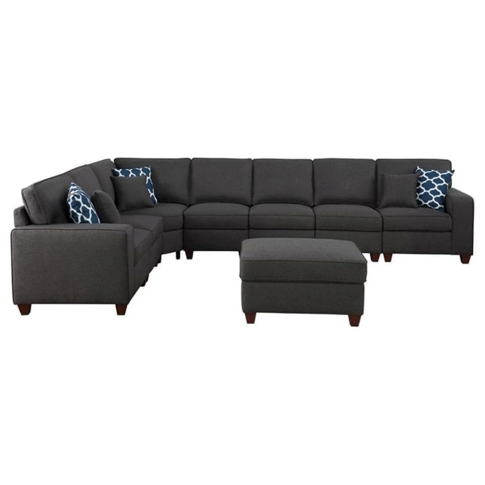 Dark Gray Linen Couch Sectional 8-Piece L Shaped Couch With Ottoman Set. Picture 4