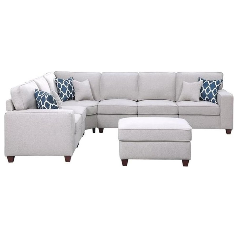 Light Gray Linen Couch Sectional 8-Piece L Shaped Couch With Ottoman Set. Picture 1