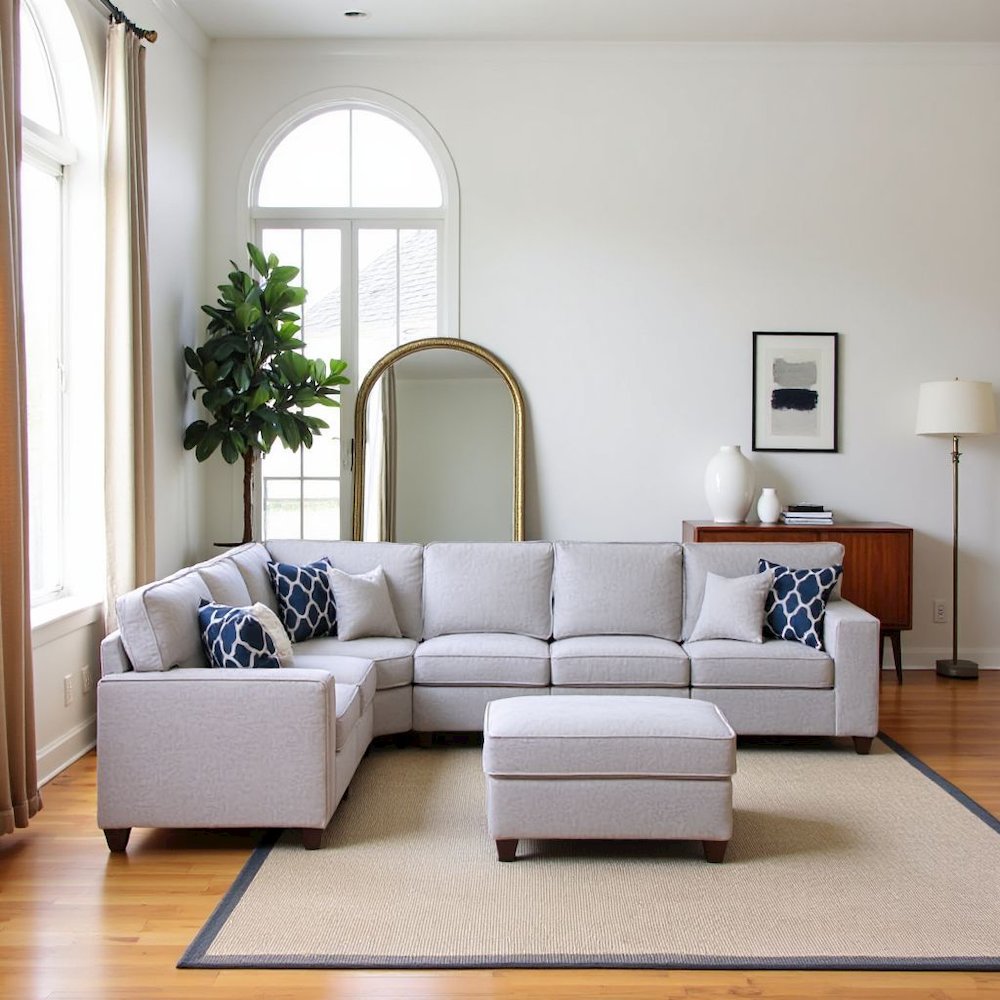 Light Gray Linen Couch Sectional 8-Piece L Shaped Couch With Ottoman Set. Picture 2