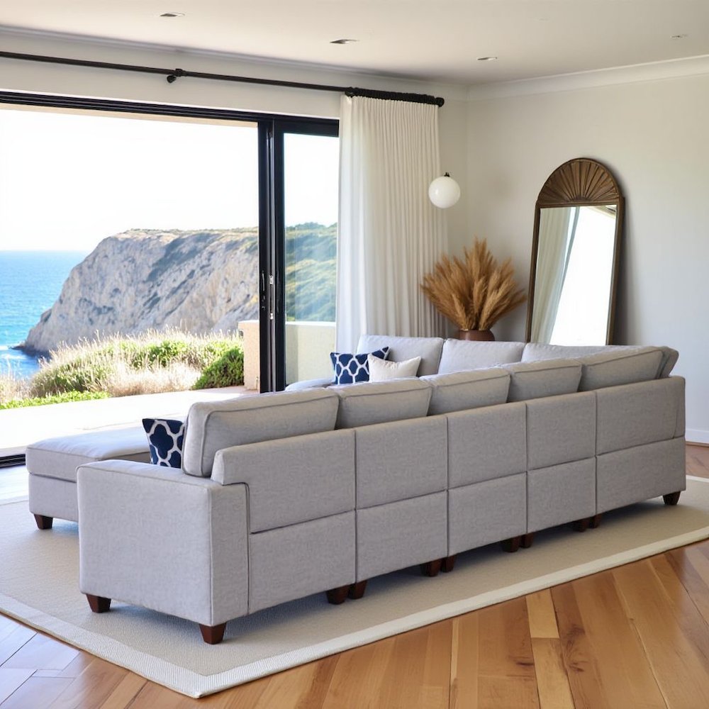 Light Gray Linen Couch Sectional 8-Piece L Shaped Couch With Ottoman Set. Picture 3