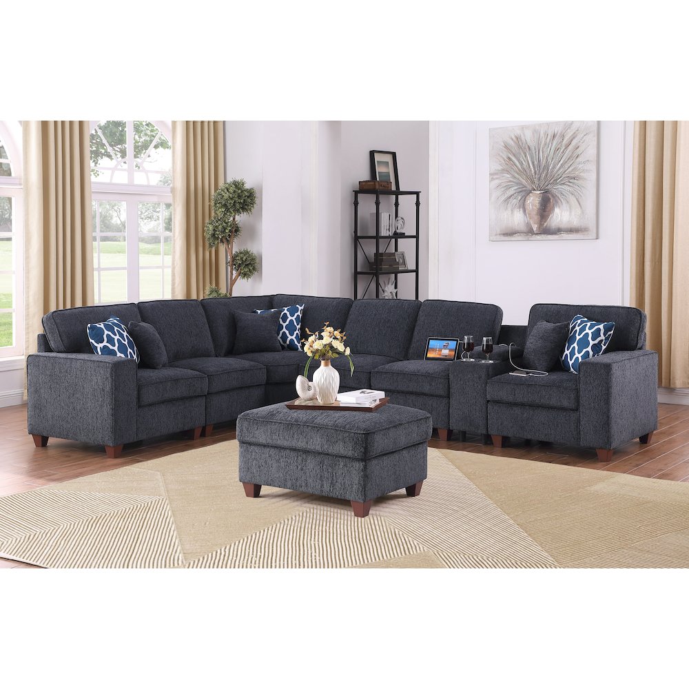 8 - Piece Chenille Fabric Upholstered Sectional With Console & Ottoman-Black. Picture 6