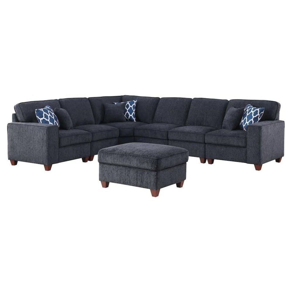 Black Chenille Couch Sectional With Ottoman, 7-Piece L Shaped Sofa Set. Picture 1