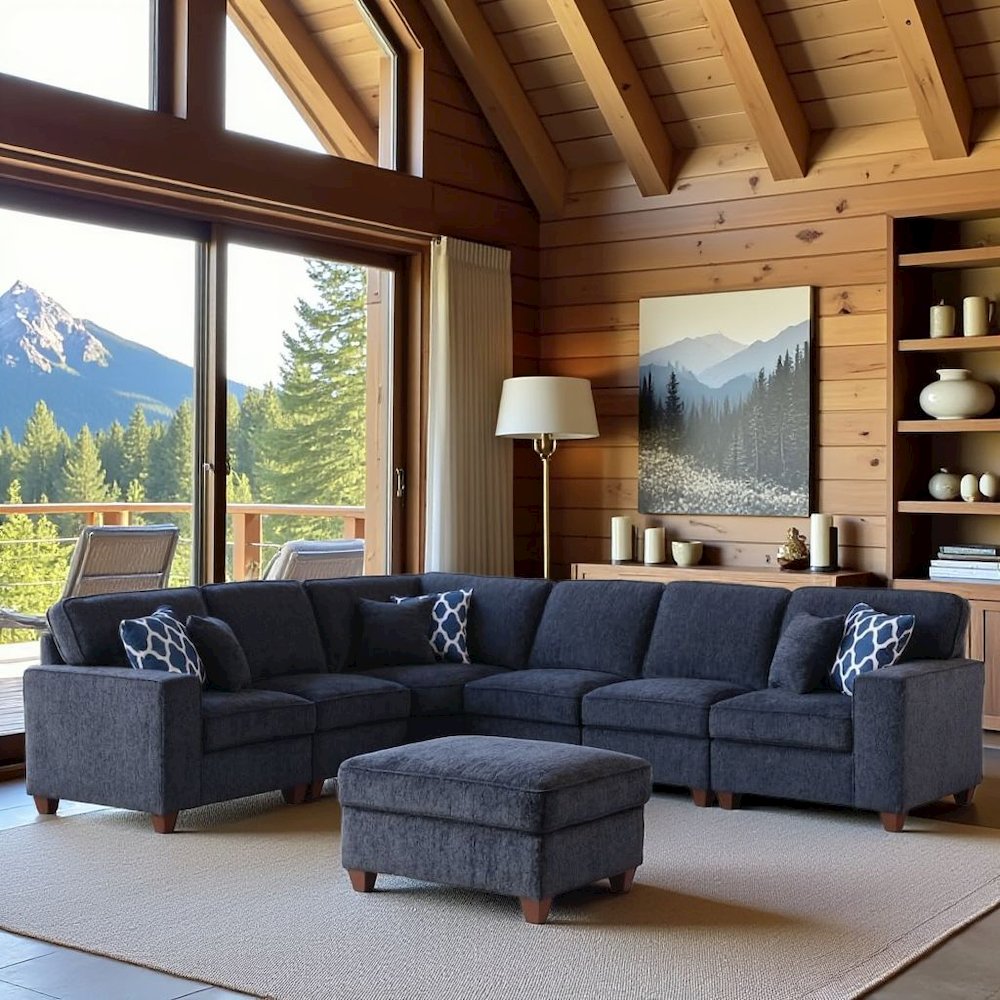 Black Chenille Couch Sectional With Ottoman, 7-Piece L Shaped Sofa Set. Picture 2