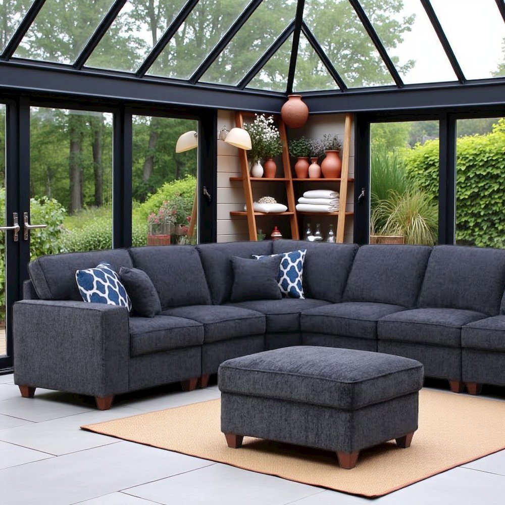 Black Chenille Couch Sectional With Ottoman, 7-Piece L Shaped Sofa Set. Picture 3